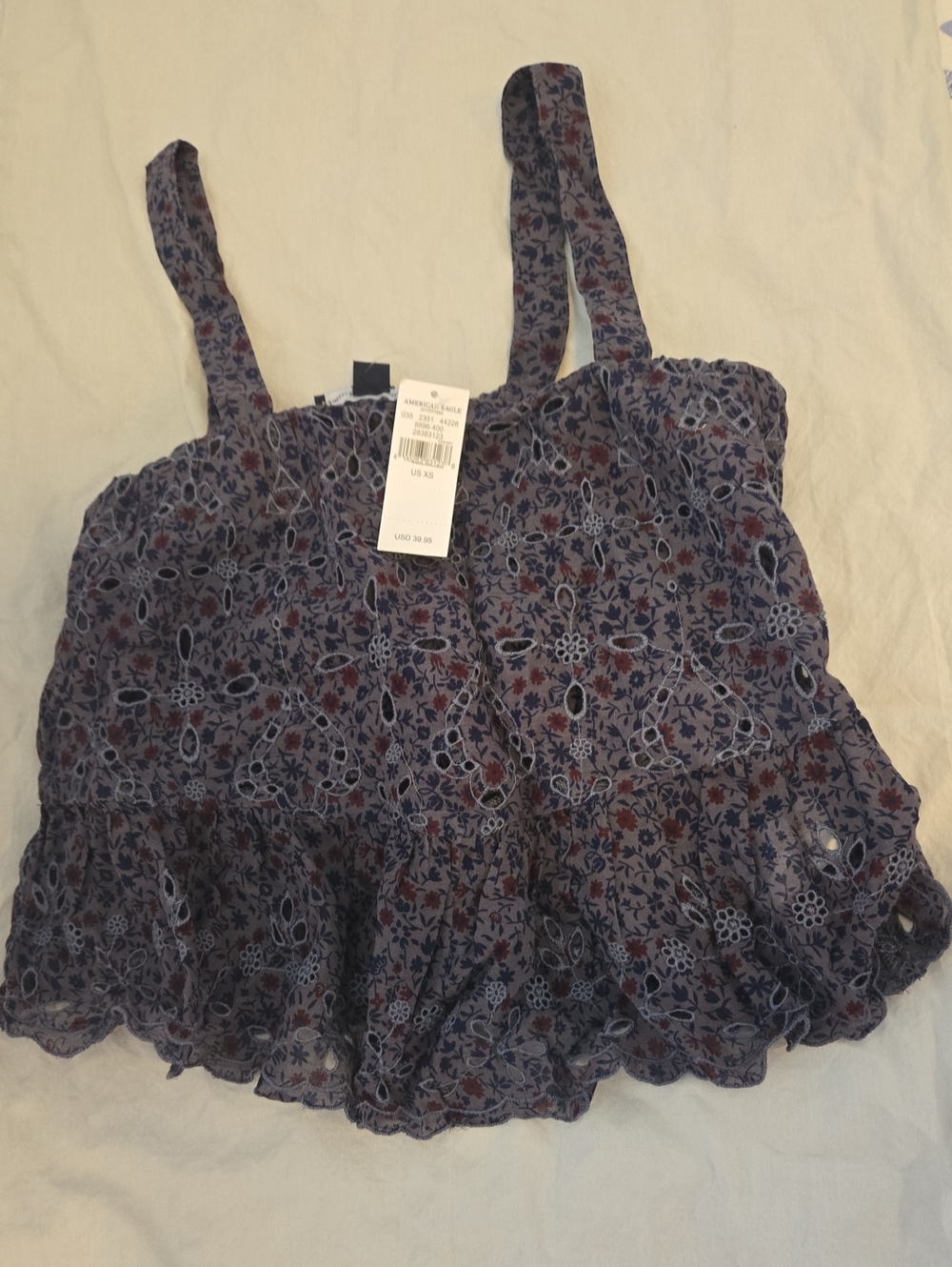 American Eagle Outfitters Navy Floral Eyelet Camisole with Burgundy Accents
